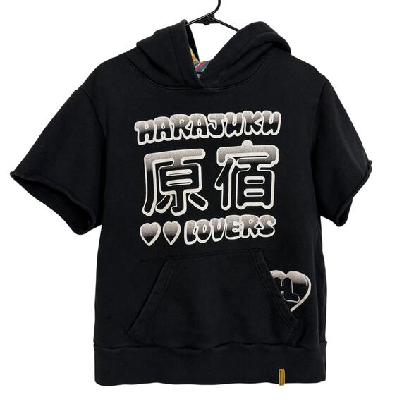 Harajuku Lovers Hoodie Womens XL Black Cut Off Short Sleeve Graphic Double Sided - Picture 1 of 12